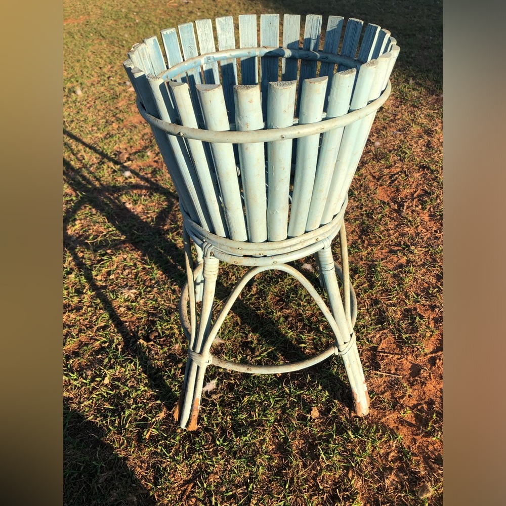 Vintage Wood Wicker Plant Stand Light Blue 2 Pc Shabby Chic Cottage Flower Pot